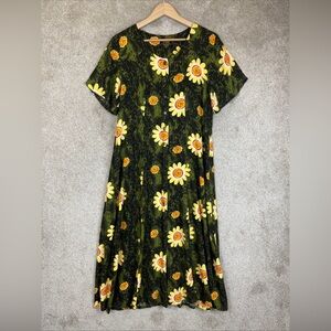 U Turn Vintage Dress Womens Extra Large Green Floral Short Sleeve Button- 4049